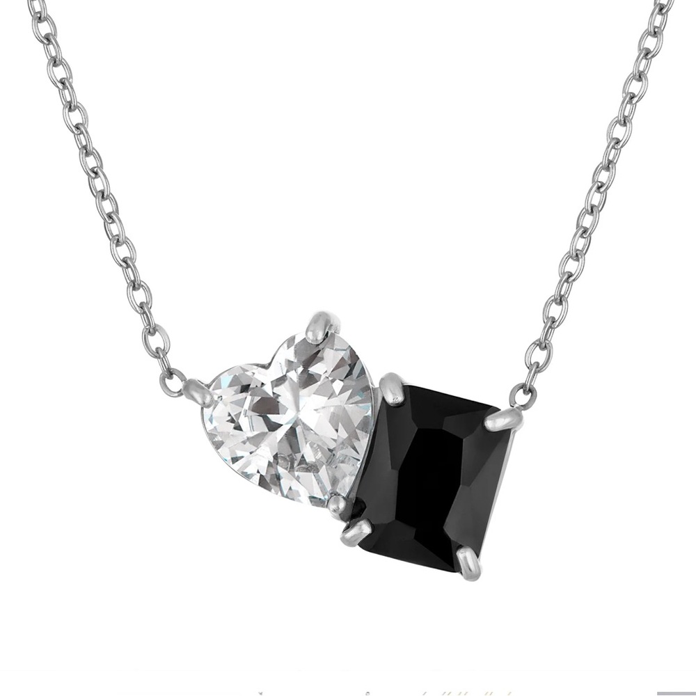 My Story Jackie Cohen 2 stone heart necklace, Silvertone. Black. Valentine. New.